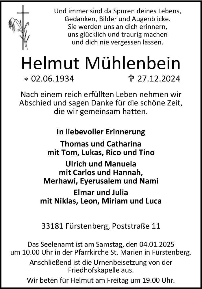  Traueranzeige für Helmut Helmut Mühlenbein vom 31.12.2024 aus Westfalen Blatt