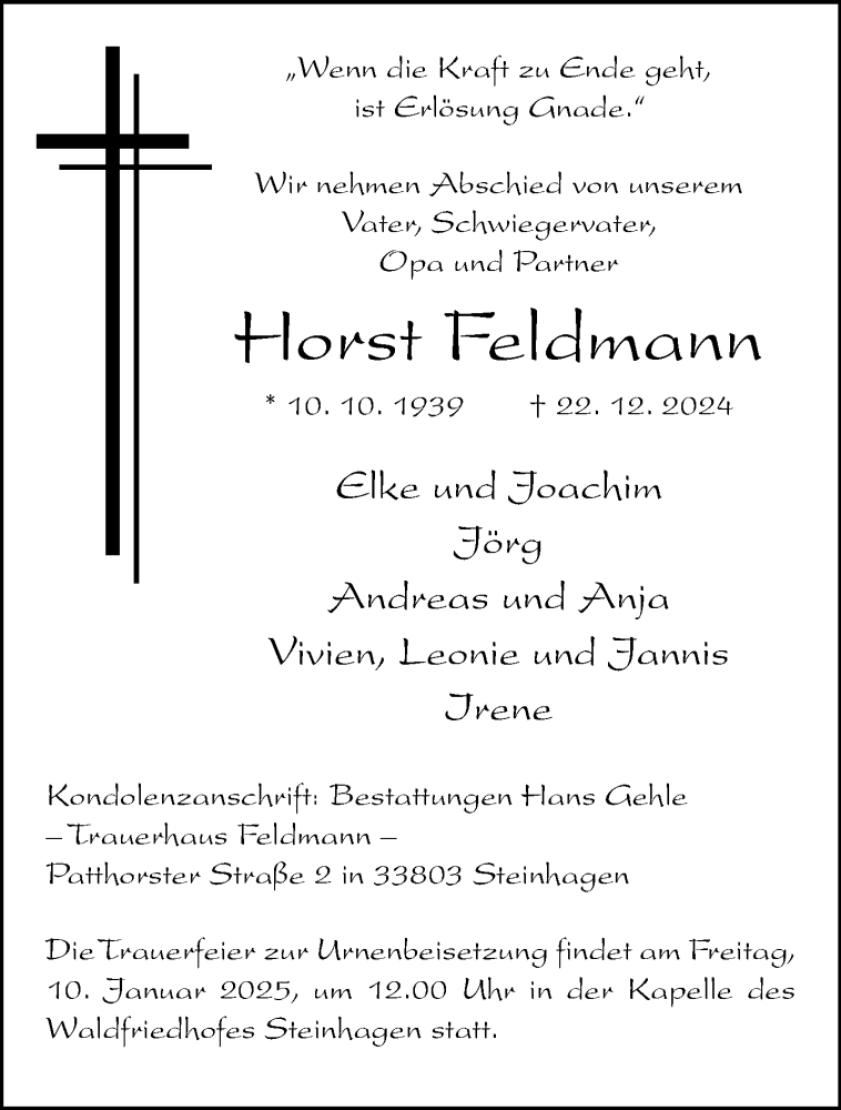  Traueranzeige für Horst Feldmann vom 28.12.2024 aus Westfalen Blatt