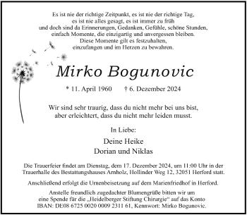Traueranzeige von Mirko Bogunovic von Westfalen Blatt
