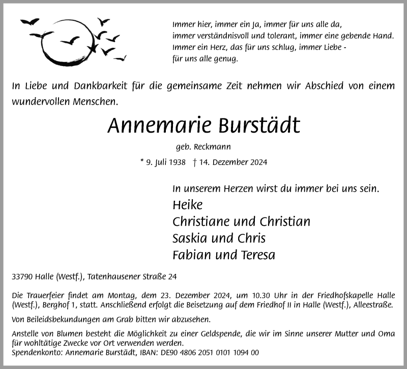  Traueranzeige für Annemarie Annemarie Burstädt (geb. Reckmann) vom 20.12.2024 aus Westfalen Blatt
