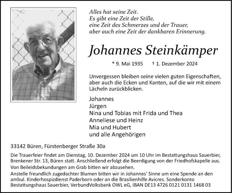  Traueranzeige für Johannes Steinkämper vom 05.12.2024 aus Westfalen Blatt