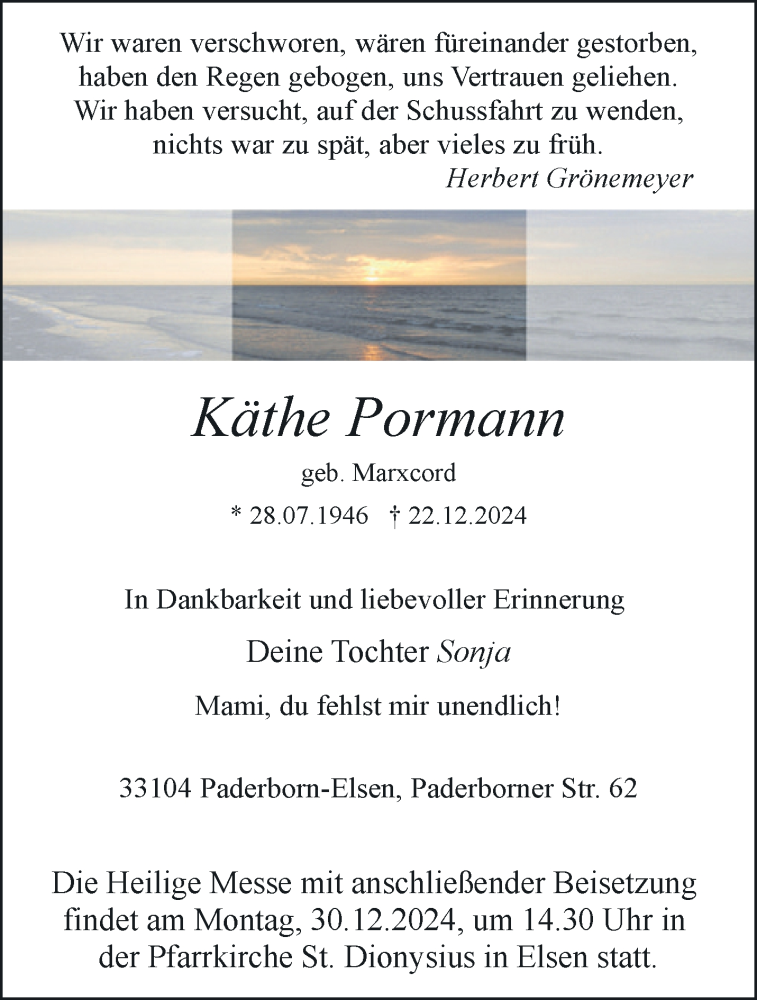  Traueranzeige für Käthe Käthe Pormann geb. Marxcord (geb. Marxcord) vom 28.12.2024 aus Westfalen Blatt