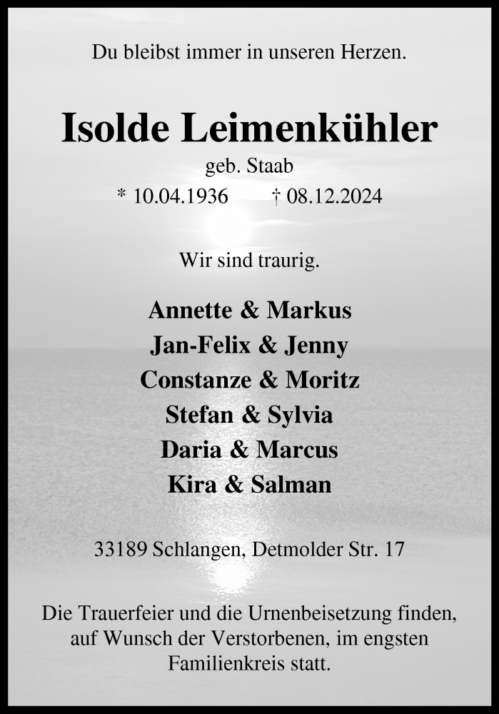  Traueranzeige für Isolde Leimenkühler vom 14.12.2024 aus Westfalen Blatt