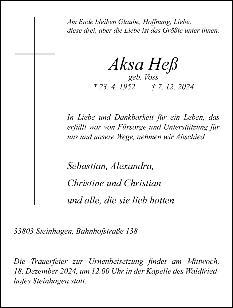  Traueranzeige für Aksa He vom 14.12.2024 aus Westfalen Blatt