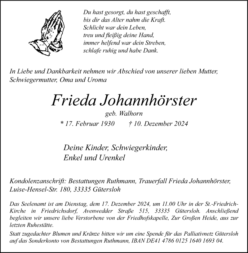  Traueranzeige für Frieda Johannhörster vom 14.12.2024 aus Westfalen Blatt