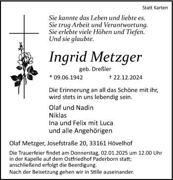 Traueranzeige von Ingrid Metzger von Westfalen Blatt