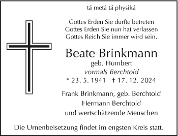 Traueranzeige von Beate Brinkmann von Westfalen Blatt