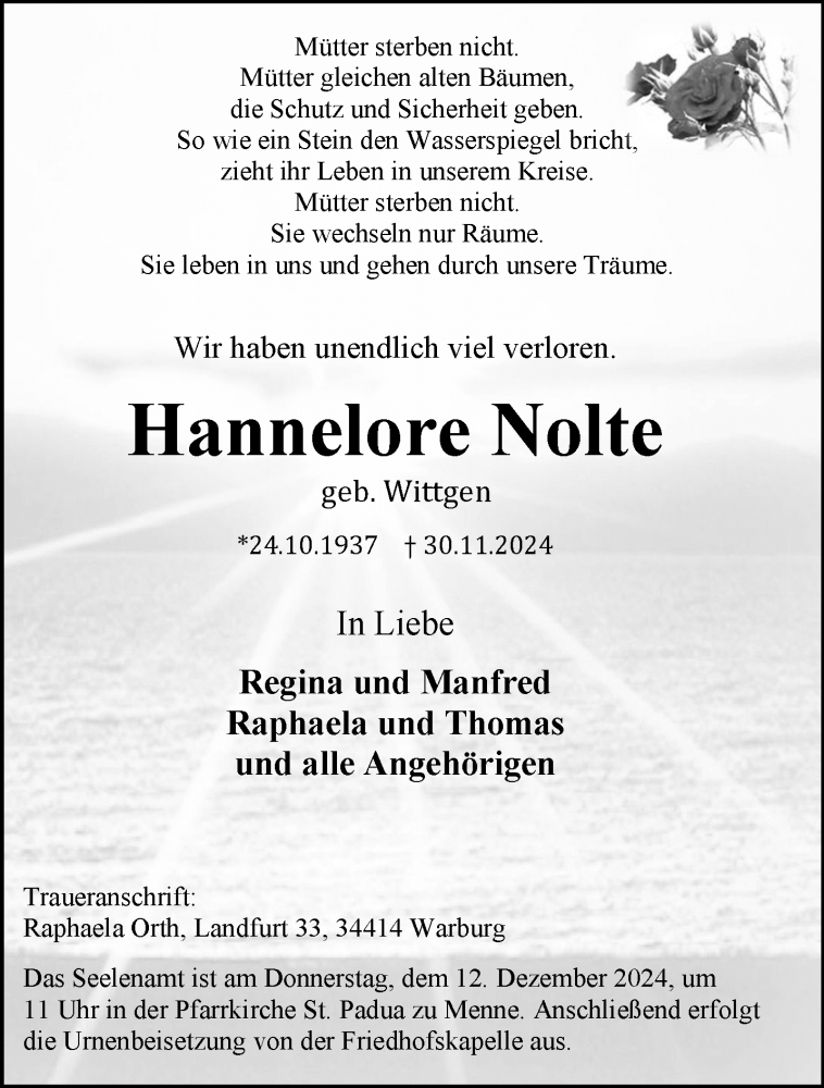  Traueranzeige für Hannelore Nolte vom 07.12.2024 aus Westfalen Blatt