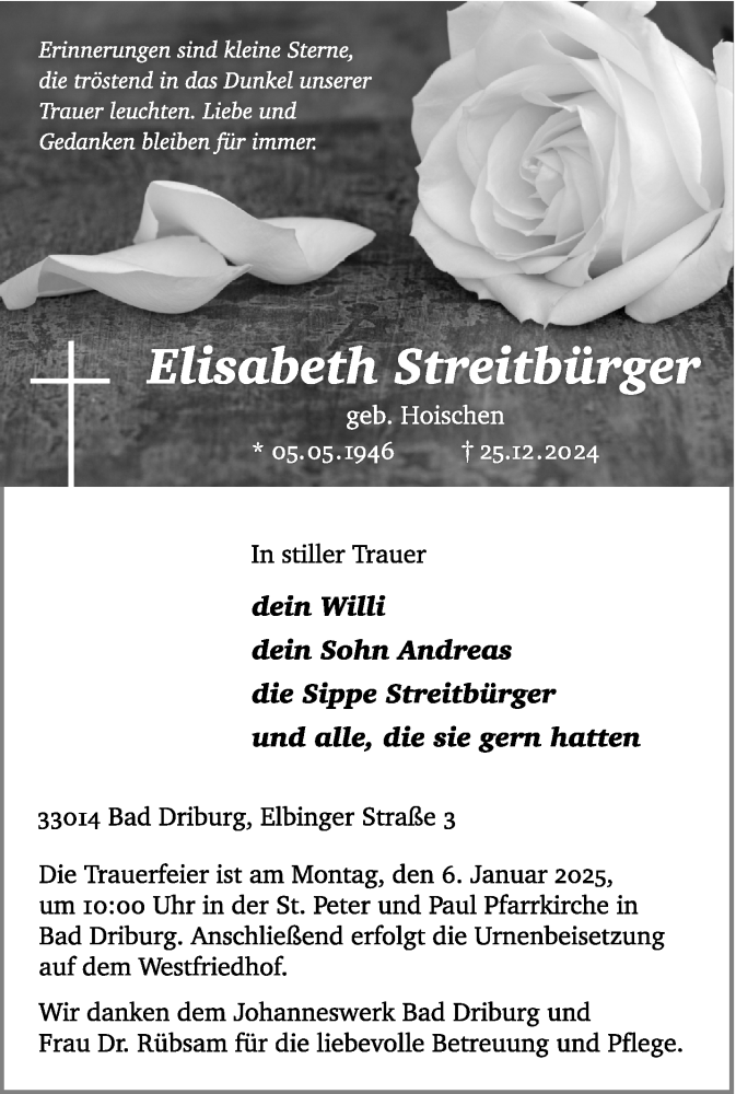  Traueranzeige für Elisabeth Elisabeth Streitbürger (geb. Hoischen) vom 31.12.2024 aus Westfalen Blatt