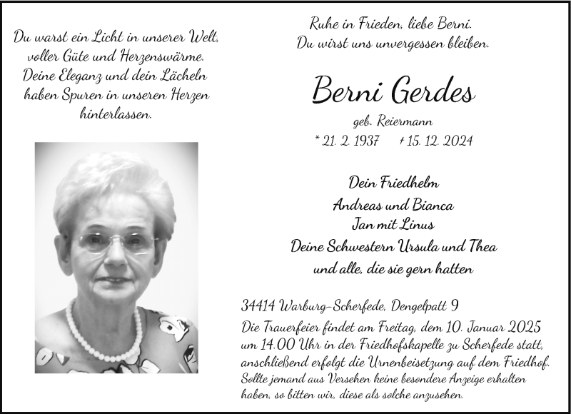  Traueranzeige für Berni Gerdes vom 28.12.2024 aus Westfalen Blatt