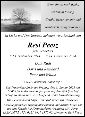 Traueranzeige von Resi Peetz von Westfalen Blatt