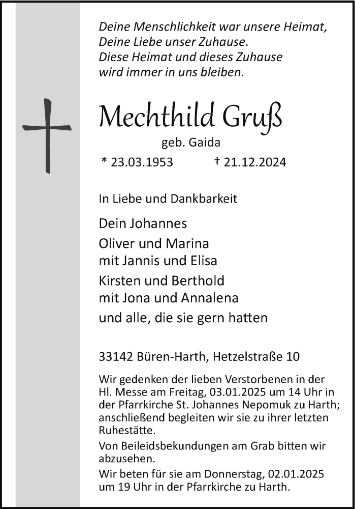  Traueranzeige für Mechthild Mechthild Gruß geb. Gaida (geb. Gaida) vom 28.12.2024 aus Westfalen Blatt