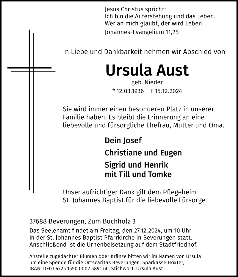  Traueranzeige für Ursula Aust vom 21.12.2024 aus Westfalen Blatt