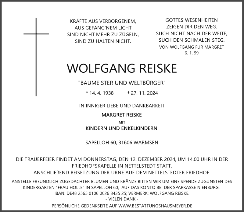  Traueranzeige für Wolfgang Reiske vom 07.12.2024 aus Westfalen Blatt