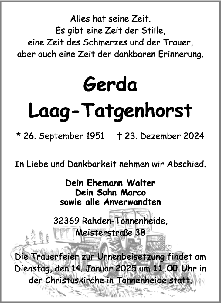 Traueranzeige für Gerda Laag-Tatgenhorst vom 28.12.2024 aus Westfalen Blatt