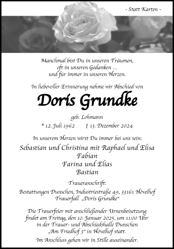 Traueranzeige von  Doris Grundke (geb. Lohmann) von Westfalen Blatt