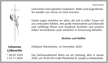 Traueranzeige von Johannes Johannes Lütkewitte von Westfalen Blatt