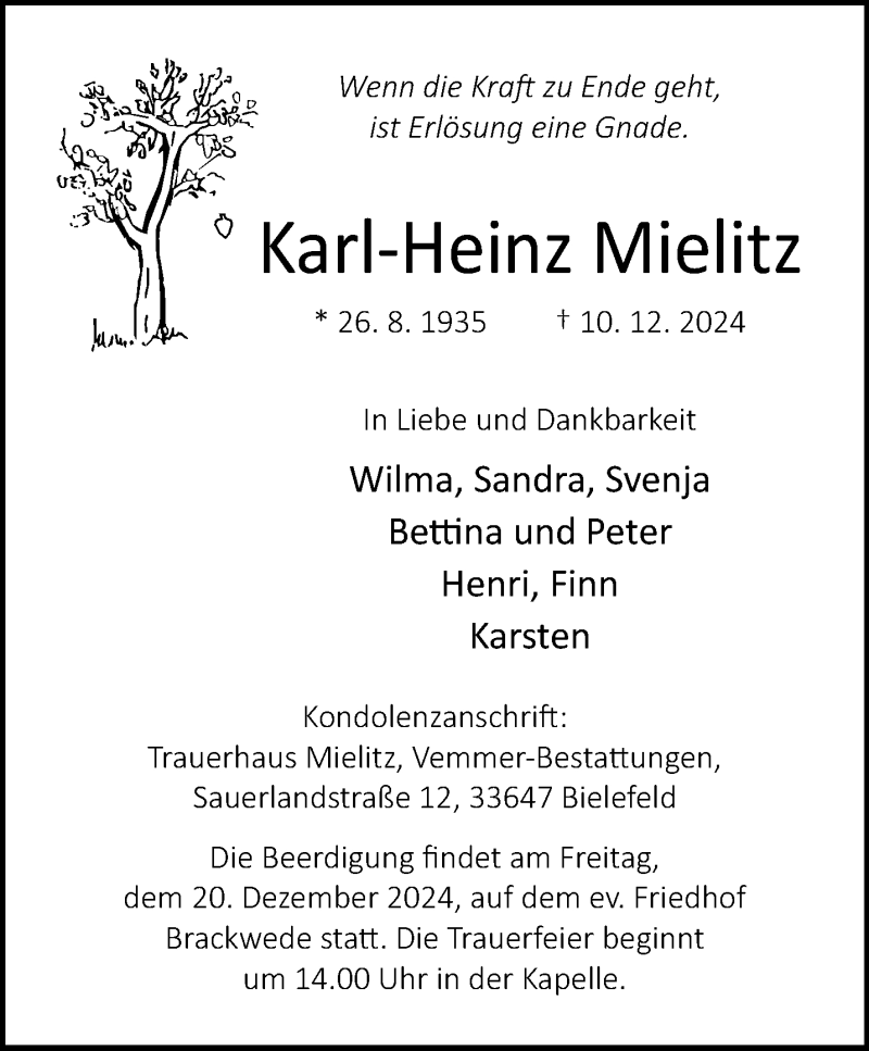  Traueranzeige für Karl-Heinz Mielitz vom 14.12.2024 aus Westfalen Blatt
