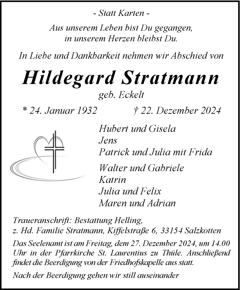  Traueranzeige für Hildegard Stratmann vom 24.12.2024 aus Westfalen Blatt
