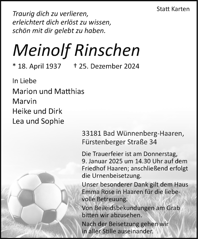  Traueranzeige für Meinolf Rinschen vom 31.12.2024 aus Westfalen Blatt