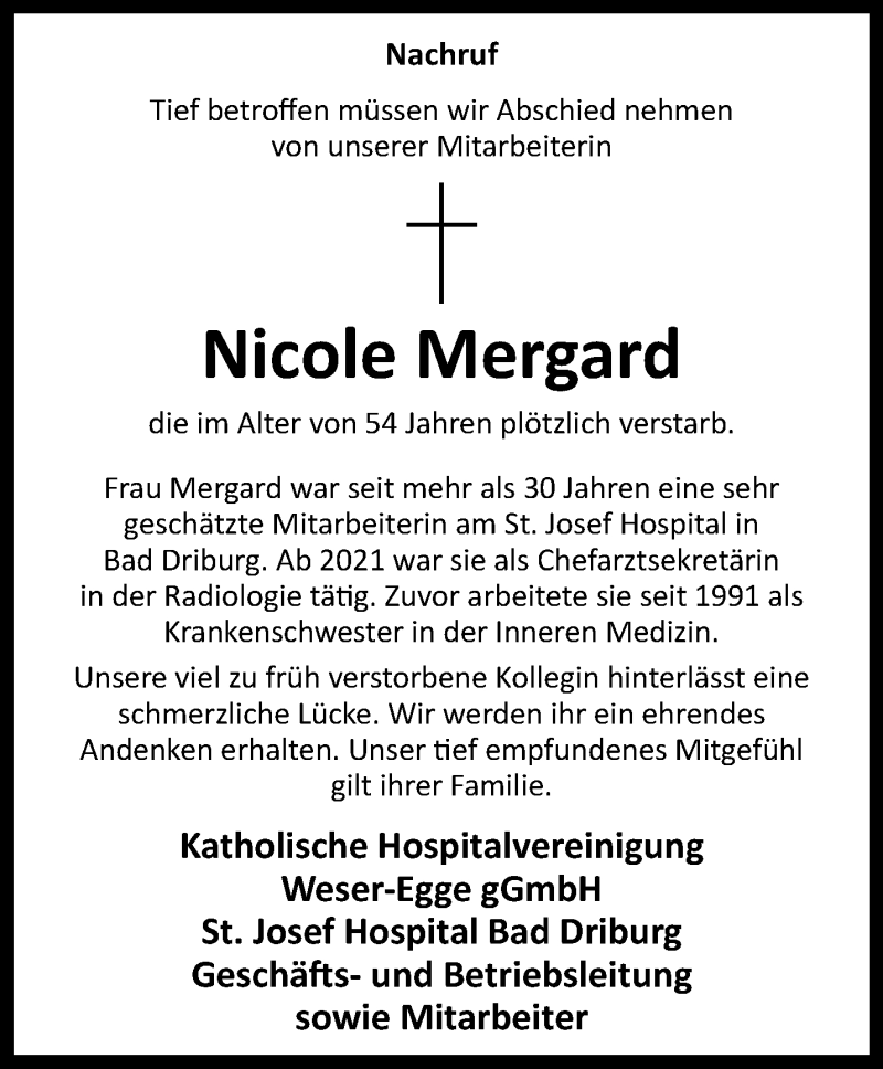  Traueranzeige für Nicole Mergard vom 24.02.2024 aus Westfalen Blatt