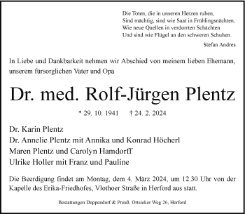 Traueranzeige von Dr. med. Rolf-Jürgen Plentz von Westfalen Blatt