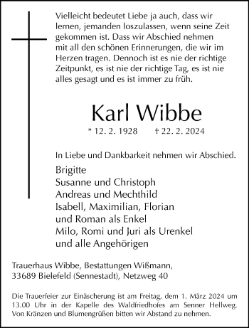 Traueranzeige von Karl Wibbe von Westfalen Blatt