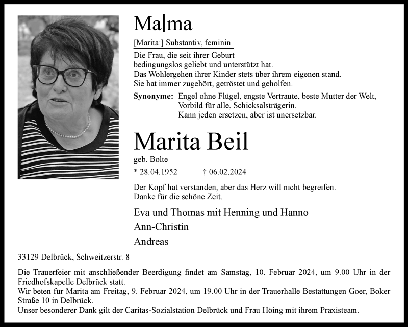  Traueranzeige für Marita Beil vom 07.02.2024 aus Westfalen Blatt