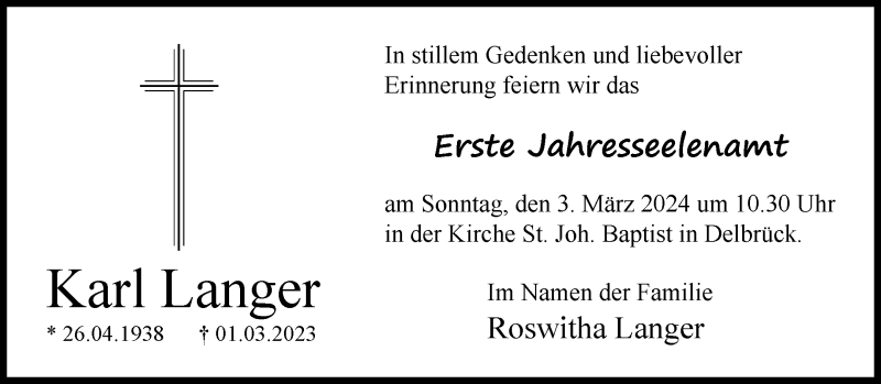 Traueranzeige für Karl Langer vom 24.02.2024 aus Westfalen Blatt