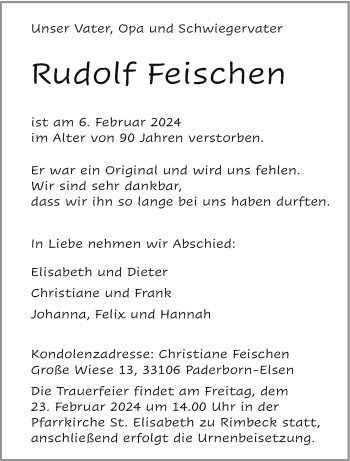 Traueranzeige von Rudolf Feischen von Westfalen Blatt