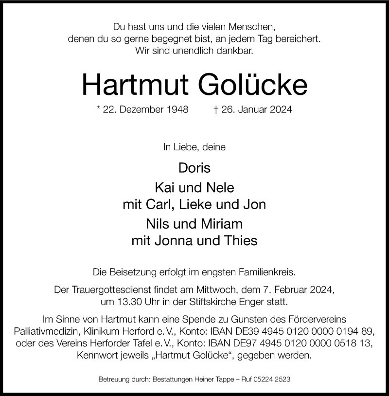  Traueranzeige für Hartmut Golücke vom 03.02.2024 aus Westfalen Blatt