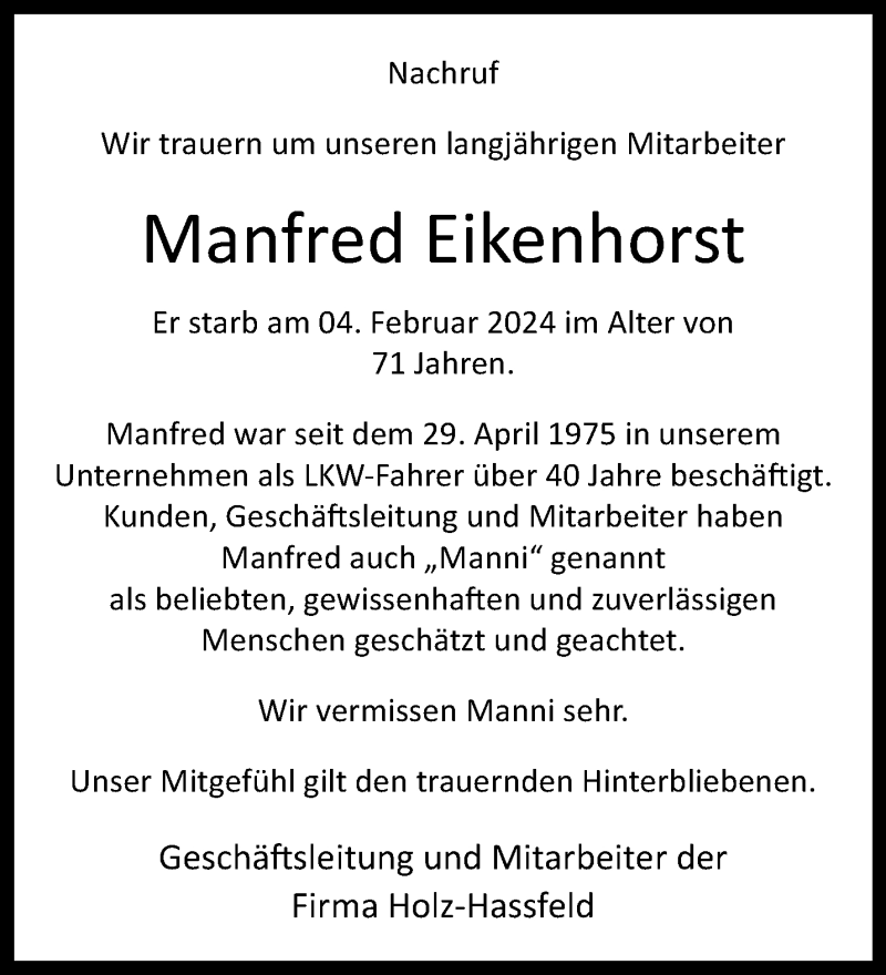  Traueranzeige für Manfred Eikenhorst vom 12.02.2024 aus Westfalen Blatt