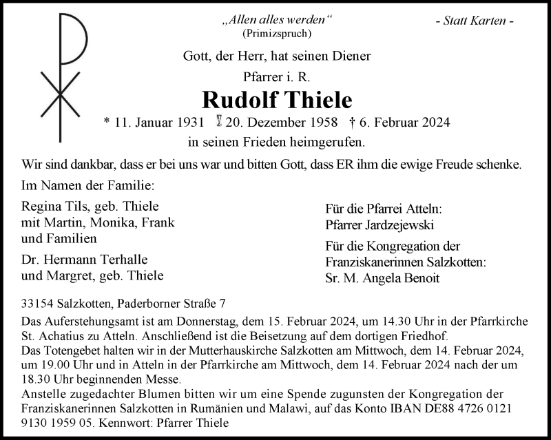  Traueranzeige für Rudolf Thiele vom 10.02.2024 aus Westfalen Blatt