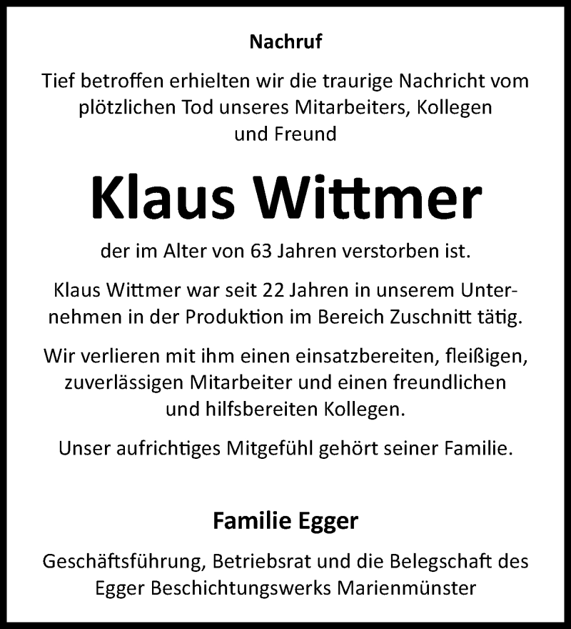  Traueranzeige für Klaus Wittmer vom 24.02.2024 aus Westfalen Blatt