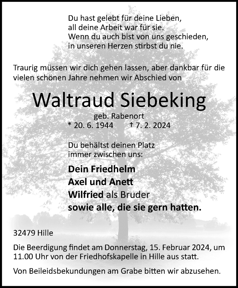  Traueranzeige für Waltraud Siebeking vom 10.02.2024 aus Westfalen Blatt