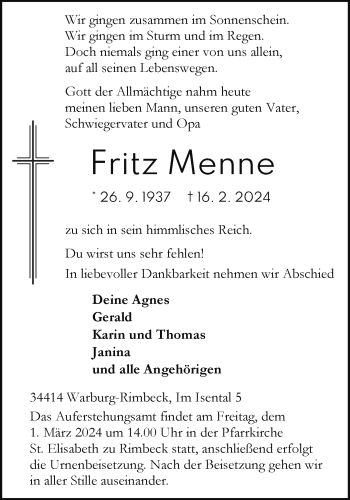 Traueranzeige von Fritz Menne von Westfalen Blatt