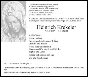 Traueranzeige von Heinrich Krekeler von Westfalen Blatt