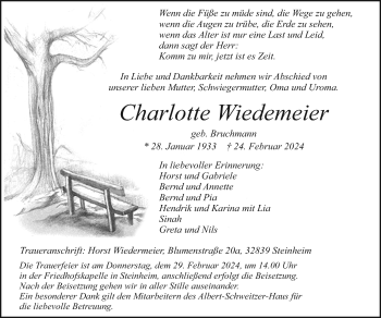 Traueranzeige von Charlotte Wiedemeier von Westfalen Blatt