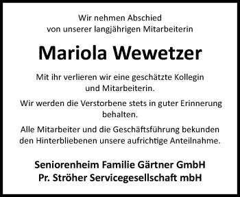 Traueranzeige von Mariola Wewetzer von Westfalen Blatt