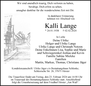 Traueranzeige von Kalli Lange von Westfalen Blatt