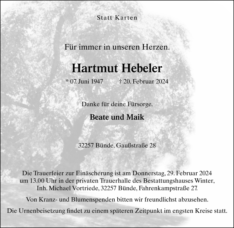  Traueranzeige für Hartmut Hebeler vom 24.02.2024 aus Westfalen Blatt