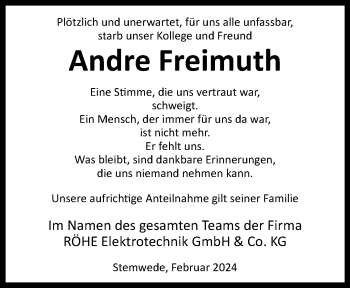 Traueranzeige von Andre Freimuth von Westfalen Blatt