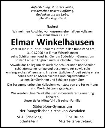 Traueranzeige von Elmar Winkelhausen von Westfalen Blatt