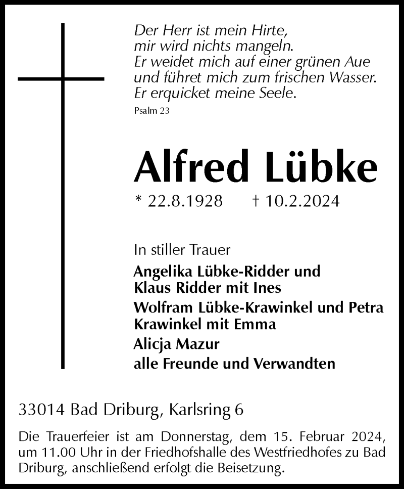  Traueranzeige für Alfred Lübke vom 14.02.2024 aus Westfalen Blatt