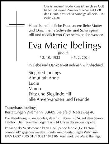 Traueranzeige von Eva Marie Ibelings von Westfalen Blatt