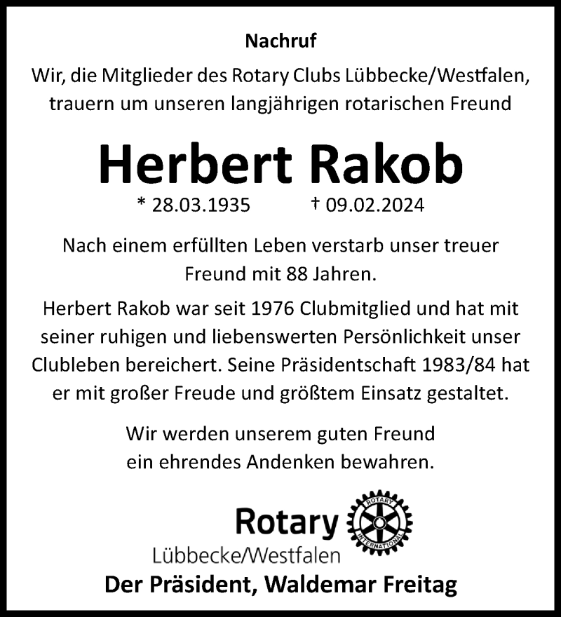  Traueranzeige für Herbert Rakob vom 15.02.2024 aus Westfalen Blatt