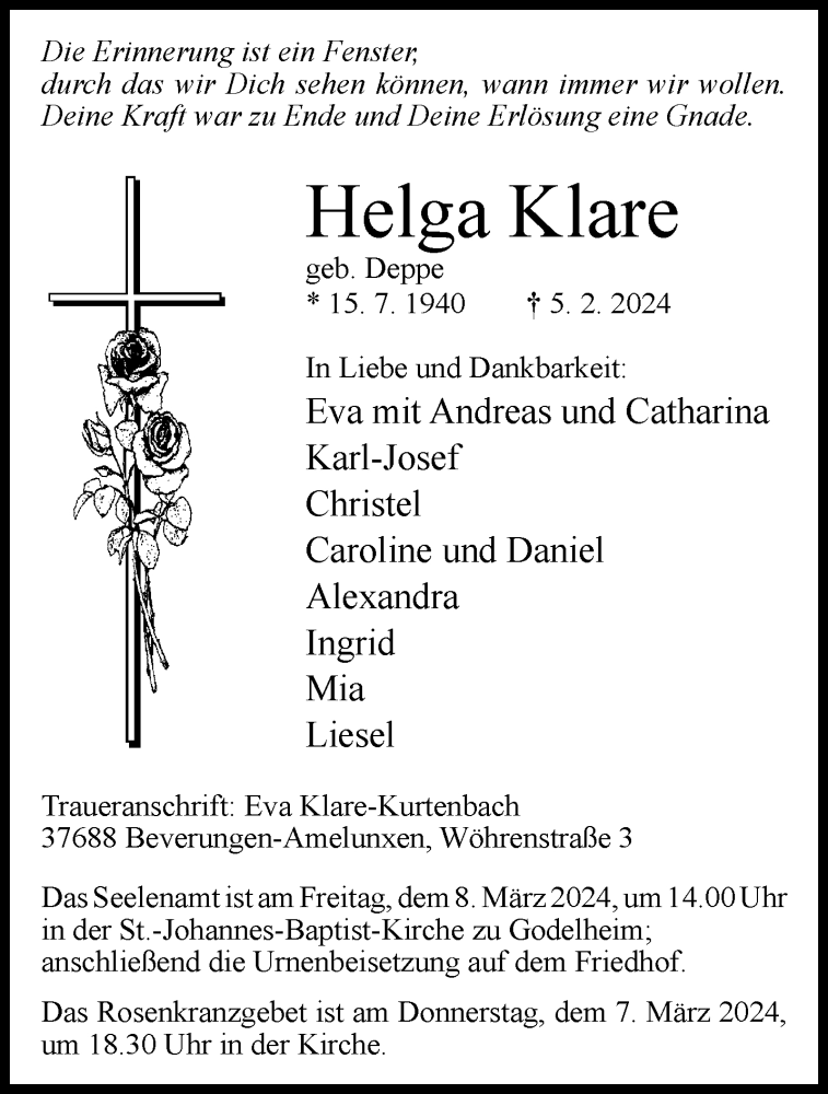  Traueranzeige für Helga Klare vom 10.02.2024 aus Westfalen Blatt