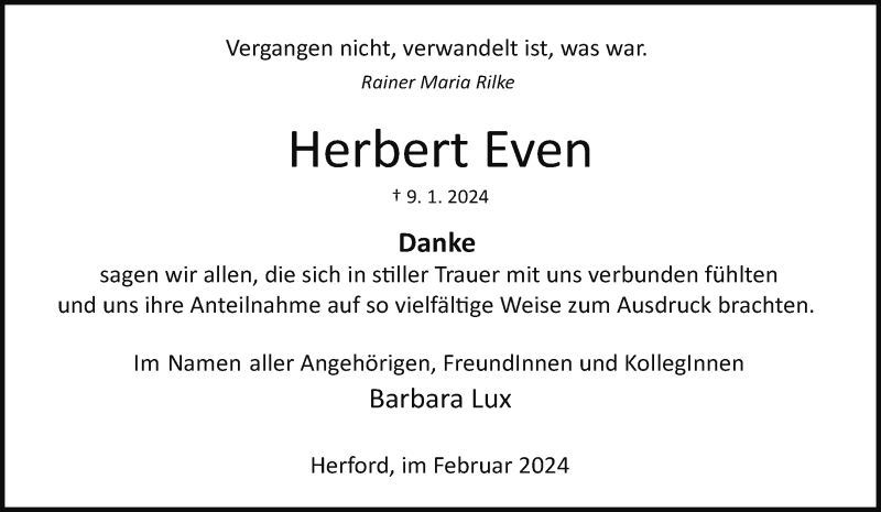  Traueranzeige für Herbert Even vom 24.02.2024 aus Westfalen Blatt