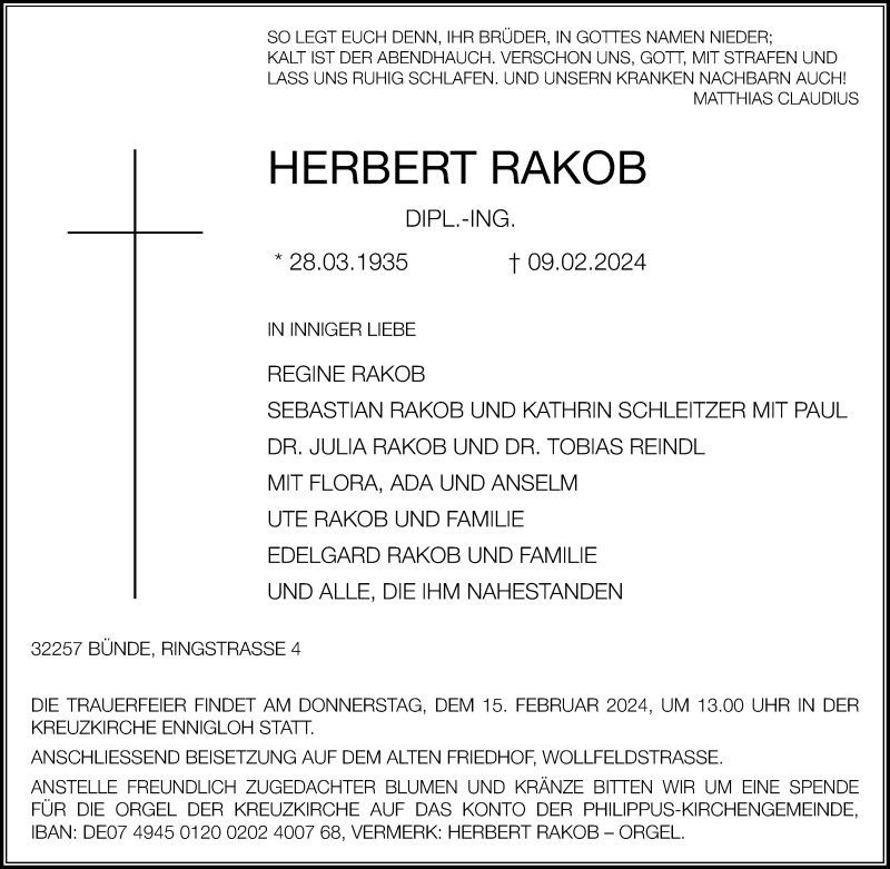  Traueranzeige für Herbert Rakob vom 13.02.2024 aus Westfalen Blatt