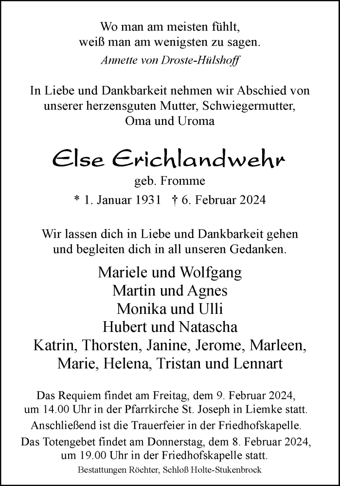  Traueranzeige für Else Erichlandwehr vom 08.02.2024 aus Westfalen Blatt